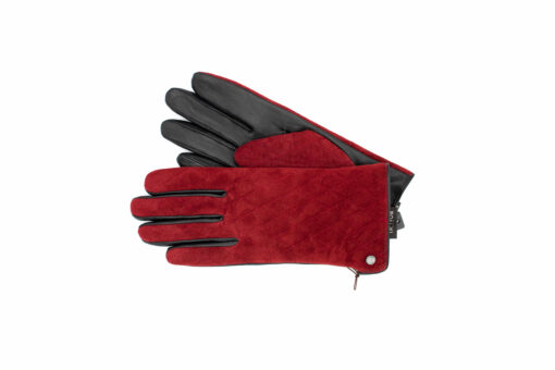 Glatt - Veloursleder Handschuhe mit einer eleganten Rautensteppung in schwarz mit rotem Handrücken